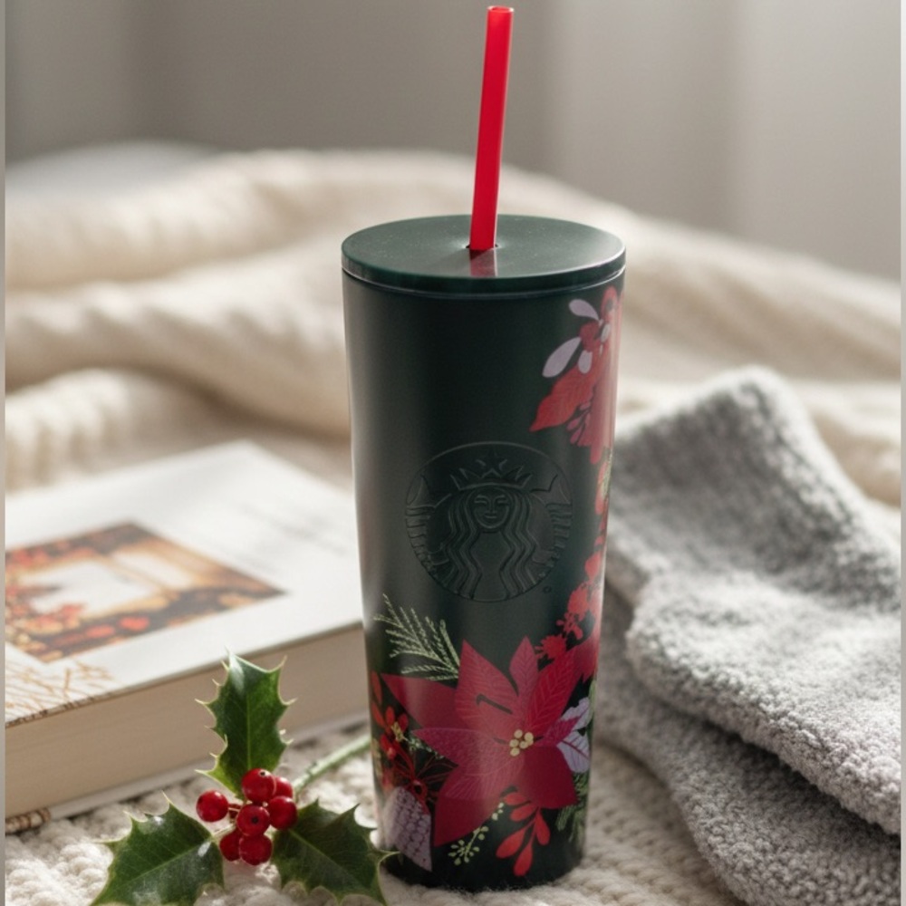 Starbucks Holiday Dark Green Floral Christmas And Bell Stainless Steel Tumbler.